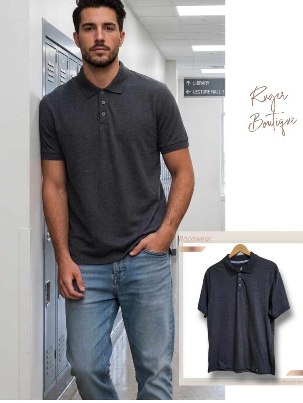 🌿Rocawear Men's Large Dark Gray Polo 1/4 Button Short Sleeve Pullover NWT Urban